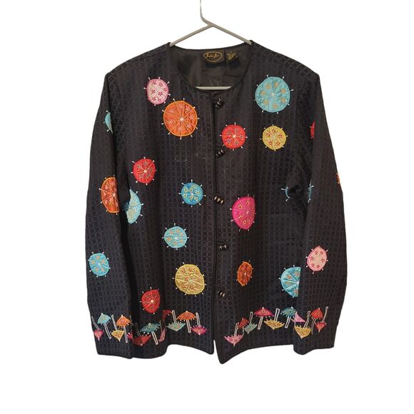 Julia Kim Jackets & Blazers - Vintage Julia Kim Embroidered Parasol Jacket Women's L Black Art to Wear